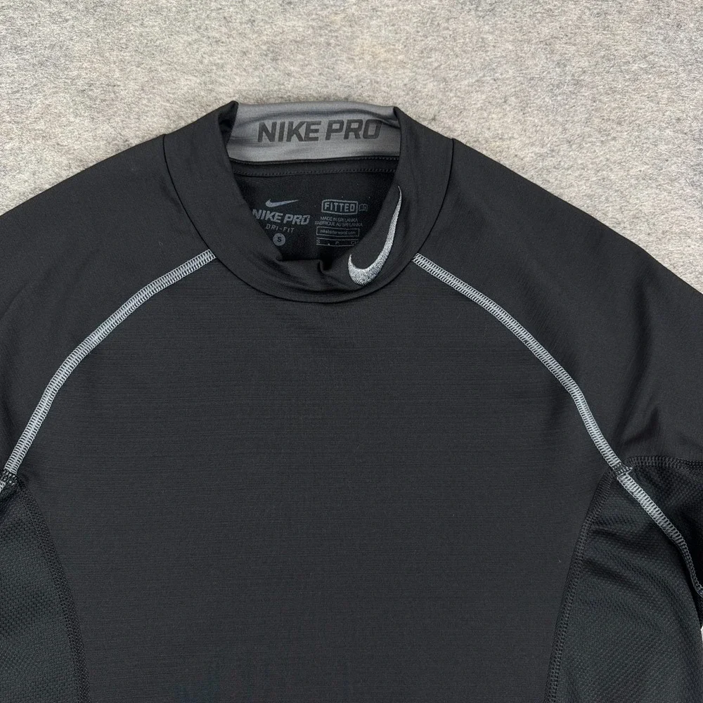Nike Pro Combat Dri Fit Mock Neck Shirt Fitted Long Sleeve Black Mens Small S